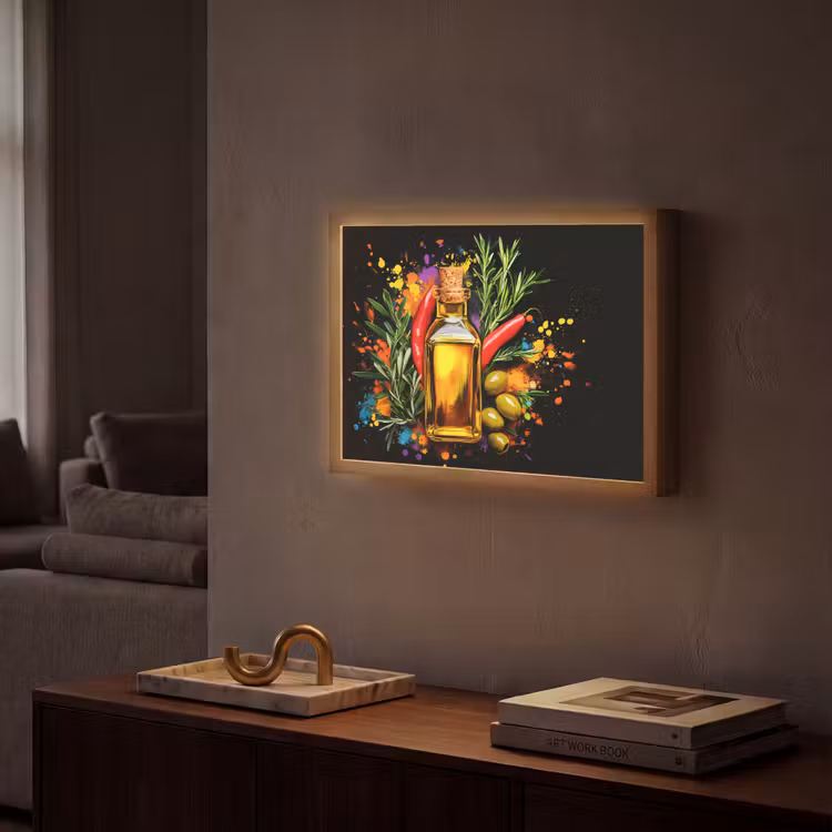 Olijfolie - Graffiti - Peper - Olijven - Modern Light Box met batterij (Wandlamp) middel -sfeer1