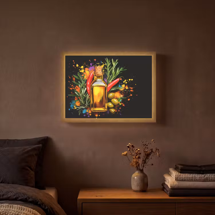 Olijfolie - Graffiti - Peper - Olijven - Modern Light Box met batterij (Wandlamp) middel -sfeer4