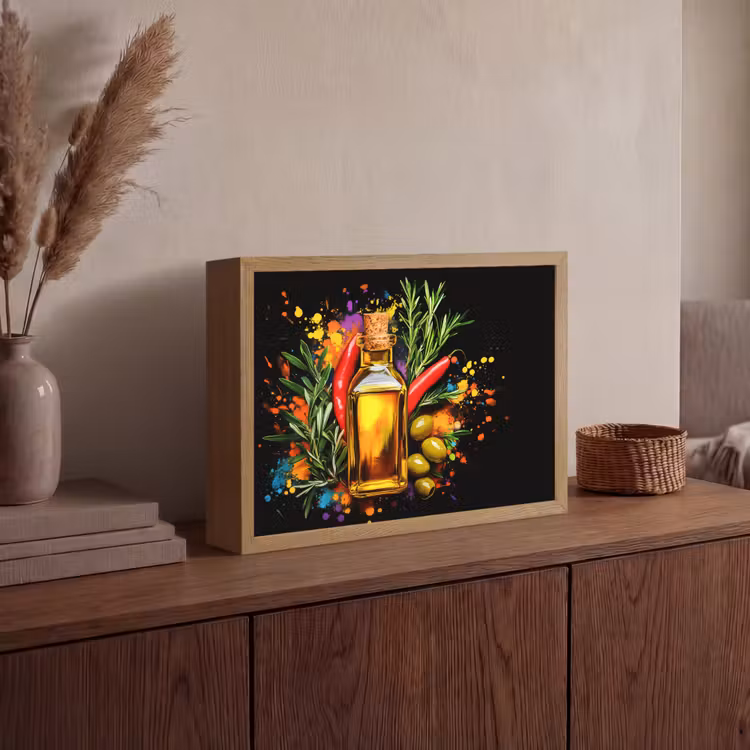 Olijfolie - Graffiti - Peper - Olijven - Modern Light Box met batterij (Wandlamp) middel -sfeer2