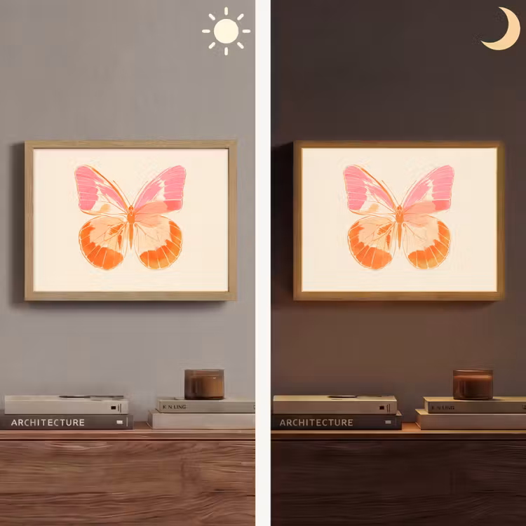 Oranje - Vlinder - Minimalistisch Light Box met batterij (Wandlamp) middel -sfeer3