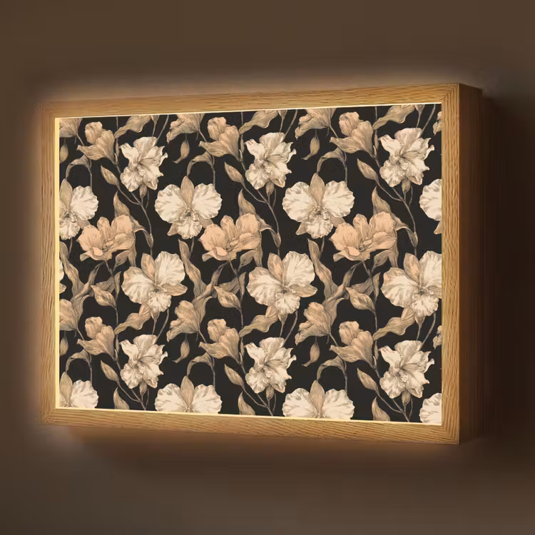 Orchideeën - Lijntekening - Patroon - Beige - Zwart Light Box met batterij (Wandlamp) middel 907 -z3d_website