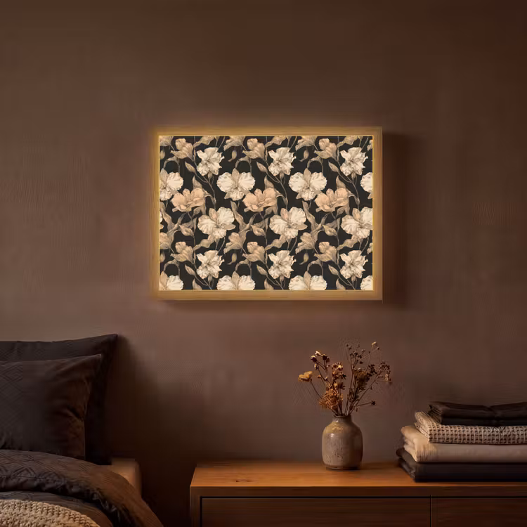Orchideeën - Lijntekening - Patroon - Beige - Zwart Light Box met batterij (Wandlamp) middel 907 -sfeer4