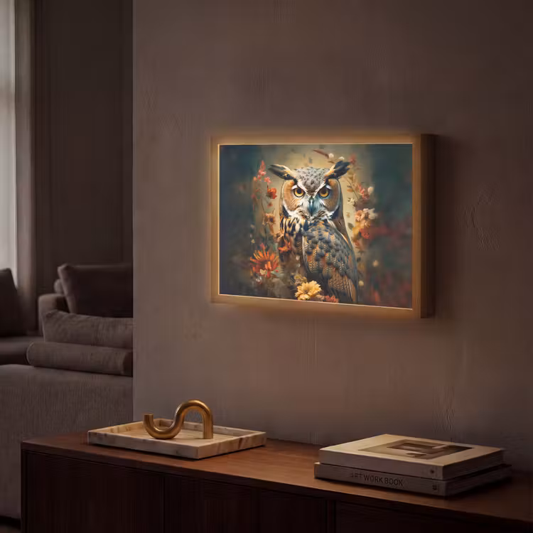 Uil - Vogel - Bloemen - Planten - Botanisch Light Box met batterij (Wandlamp) middel -sfeer1