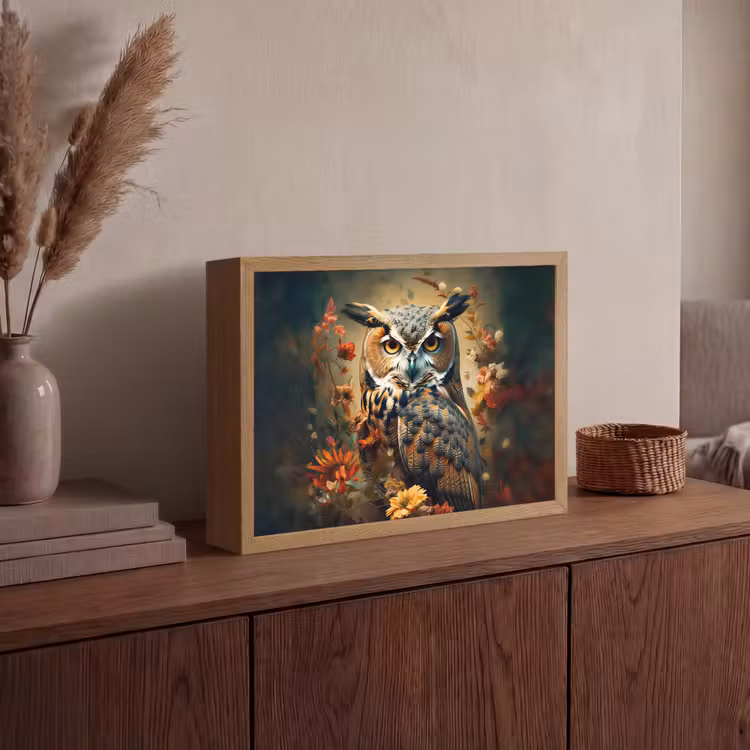 Uil - Vogel - Bloemen - Planten - Botanisch Light Box met batterij (Wandlamp) middel -sfeer2