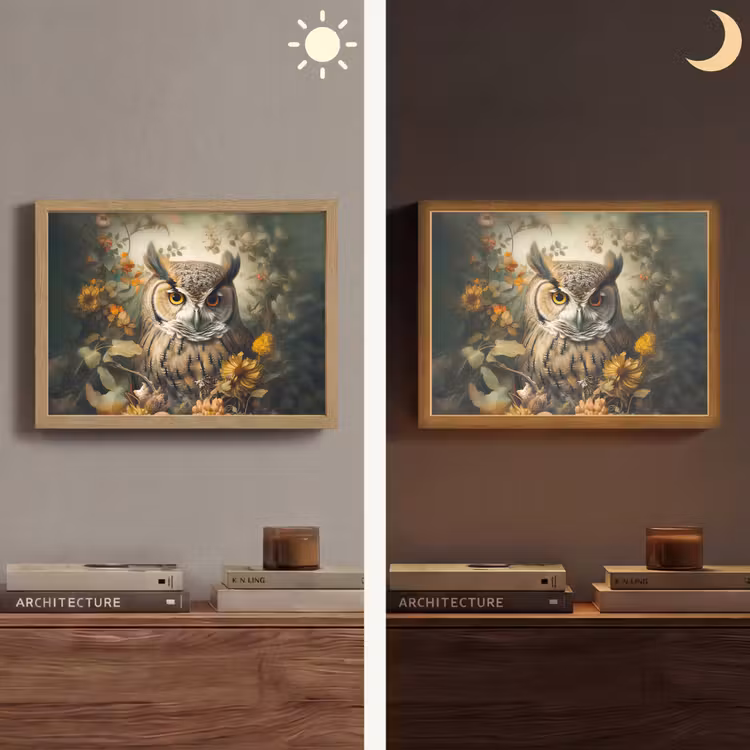 Uil - Vogels - Bloemen - Natuur Light Box met batterij (Wandlamp) middel -sfeer3