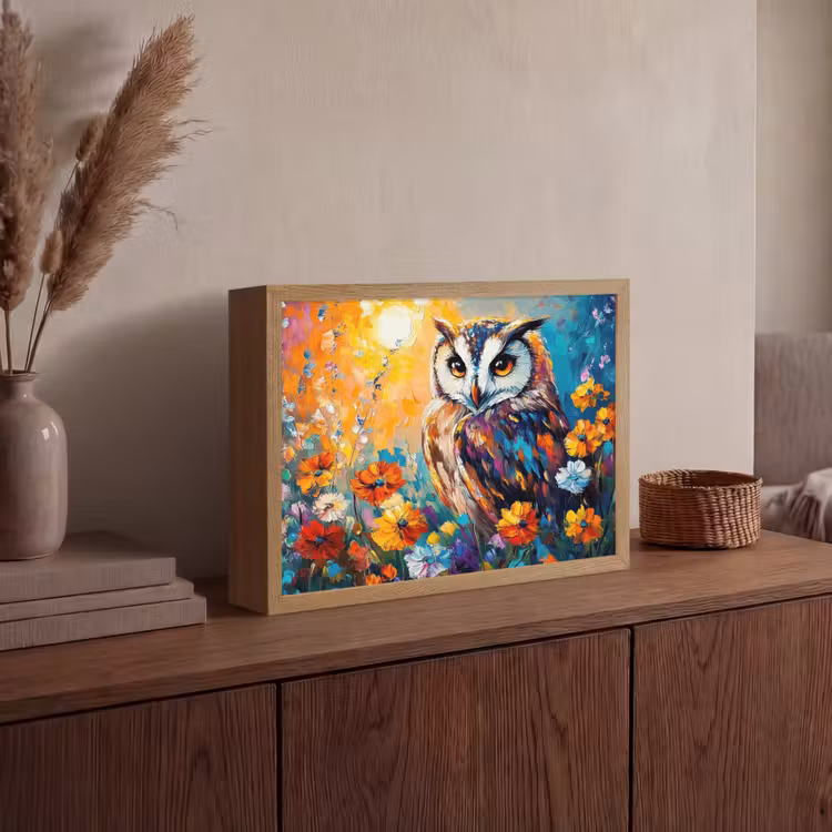 Uil - Bloemen - Kunst - Zonsondergang Light Box met batterij (Wandlamp) middel -sfeer2