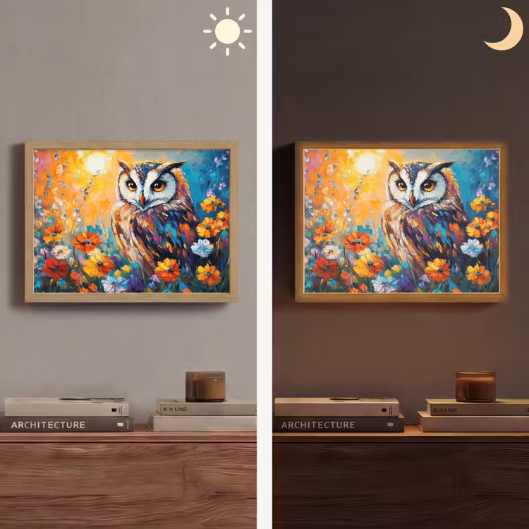 Uil - Bloemen - Kunst - Zonsondergang Light Box met batterij (Wandlamp) middel -sfeer3