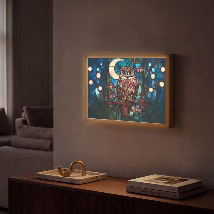 Uil - Mozaïek - Maan - Nacht Light Box met batterij (Wandlamp) middel -sfeer1