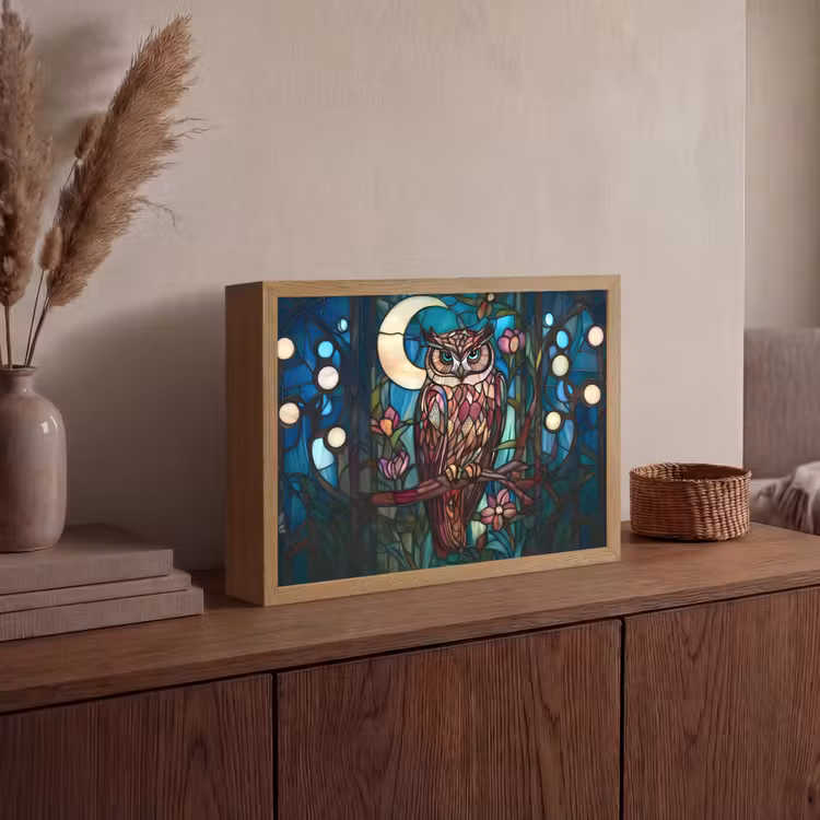 Uil - Mozaïek - Maan - Nacht Light Box met batterij (Wandlamp) middel -sfeer2