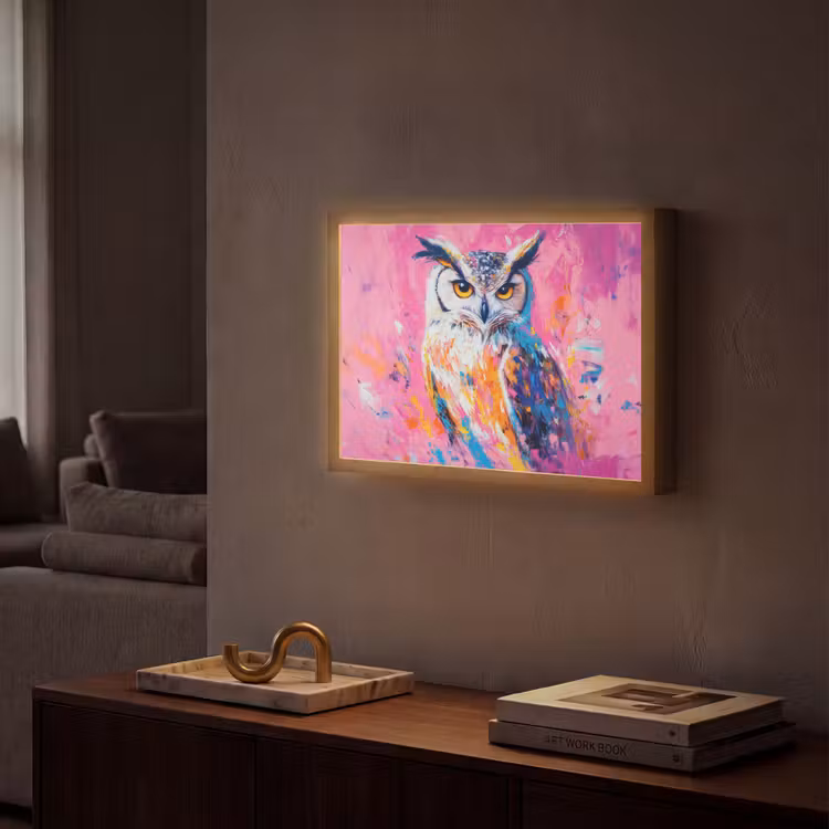 Uil - Roze - Blauw - Verf - Abstract Light Box met batterij (Wandlamp) middel -sfeer1