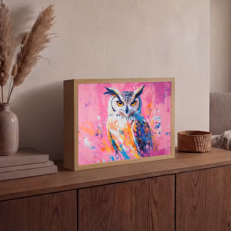Uil - Roze - Blauw - Verf - Abstract Light Box met batterij (Wandlamp) middel -sfeer2