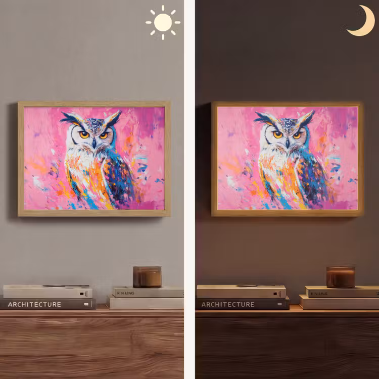 Uil - Roze - Blauw - Verf - Abstract Light Box met batterij (Wandlamp) middel -sfeer3