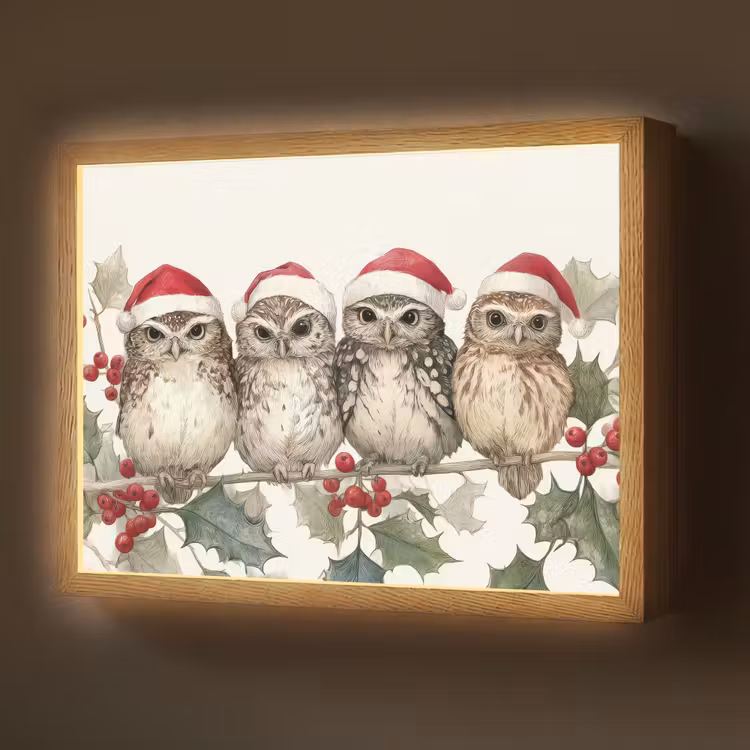 Uilen - Tak - Hulstblaadjes - Kerstmuts Light Box met batterij (Wandlamp) middel -z3d_website