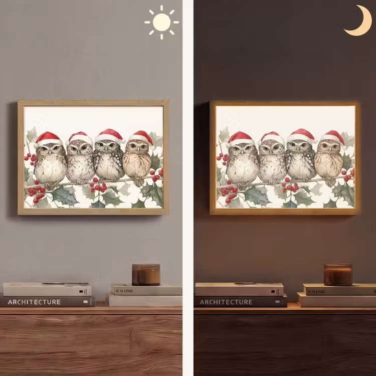 Uilen - Tak - Hulstblaadjes - Kerstmuts Light Box met batterij (Wandlamp) middel -sfeer3