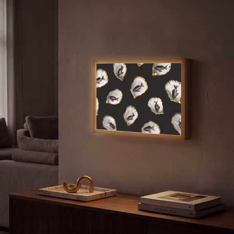 Oesters - Zwart - Vissen - Goud Light Box met batterij (Wandlamp) middel -sfeer1