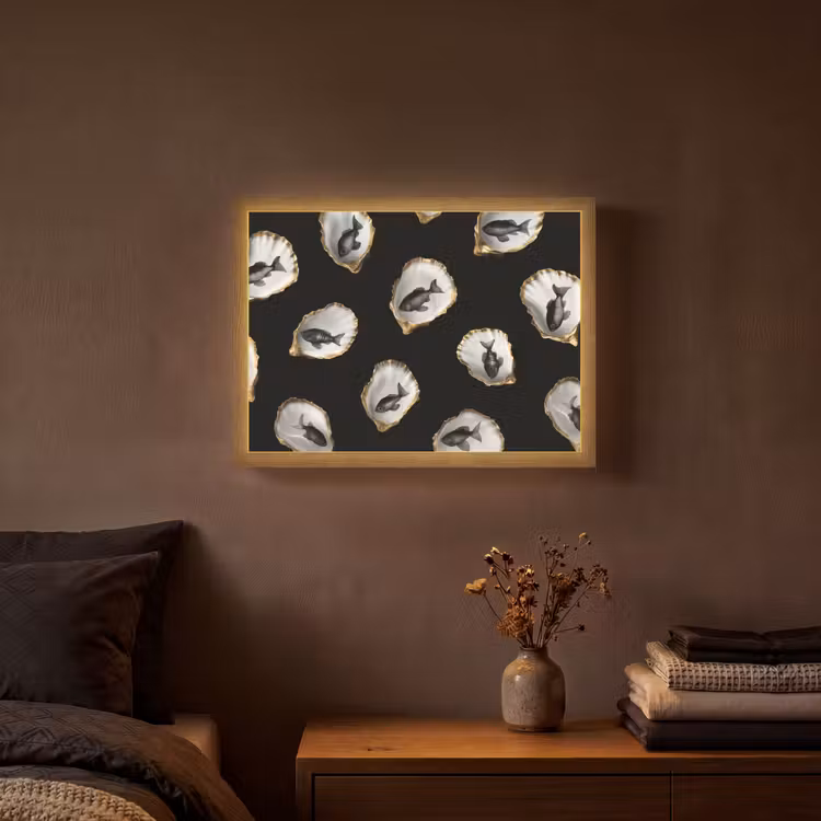 Oesters - Zwart - Vissen - Goud Light Box met batterij (Wandlamp) middel -sfeer4