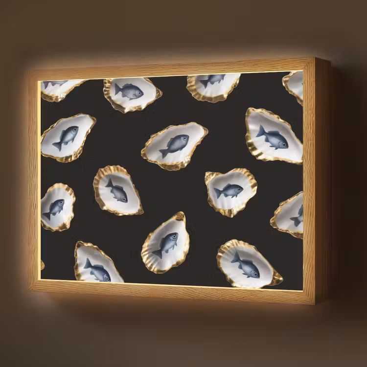 Oesters - Vissen - Blauw - Goud Light Box met batterij (Wandlamp) middel -z3d_website