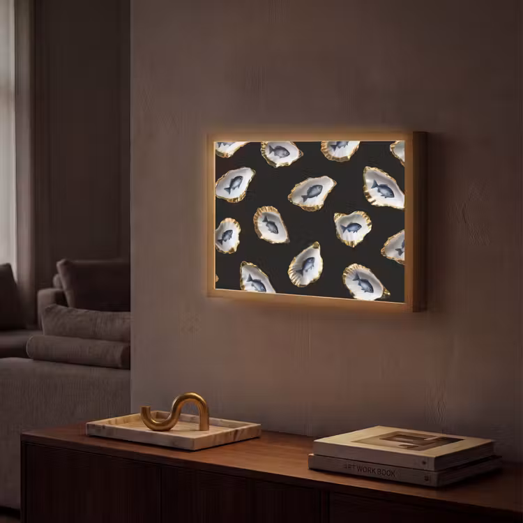 Oesters - Vissen - Blauw - Goud Light Box met batterij (Wandlamp) middel -sfeer1