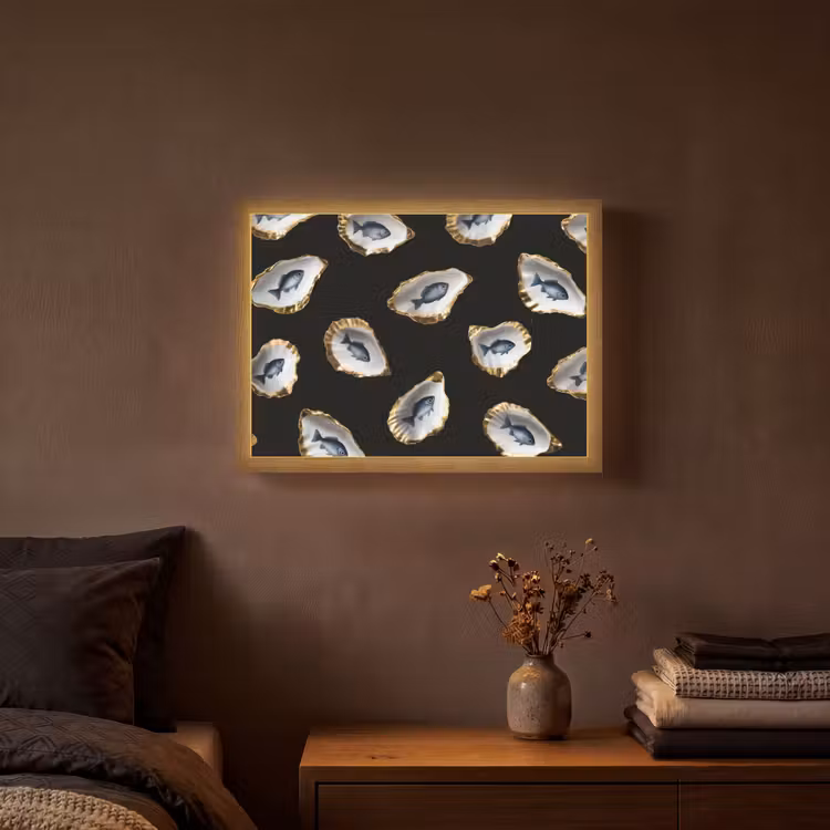 Oesters - Vissen - Blauw - Goud Light Box met batterij (Wandlamp) middel -sfeer4
