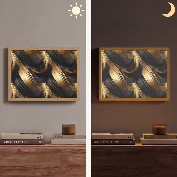 Verfstreken - Abstract - Goud - Zwart Light Box met batterij (Wandlamp) middel 907 -sfeer3