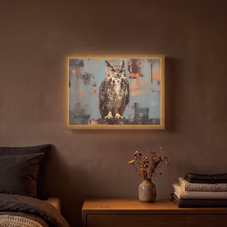 Geschilderd - Abstract - Uil - Bruin Light Box met batterij (Wandlamp) middel -sfeer4