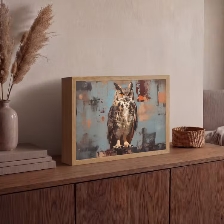Geschilderd - Abstract - Uil - Bruin Light Box met batterij (Wandlamp) middel -sfeer2