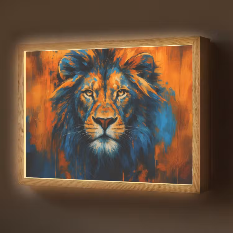 Schilderij - Leeuwenkop - Oranje Light Box met batterij (Wandlamp) middel -z3d_website