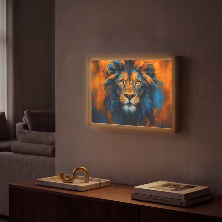 Schilderij - Leeuwenkop - Oranje Light Box met batterij (Wandlamp) middel -sfeer1