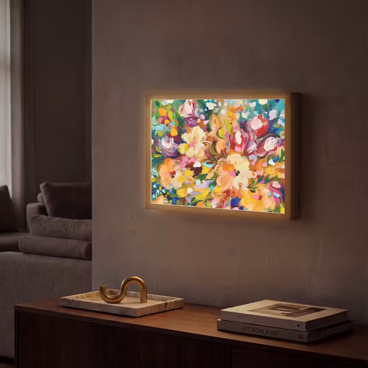 Schilderij - Olieverf - Bloemen - Regenboog Light Box met batterij (Wandlamp) middel -sfeer1