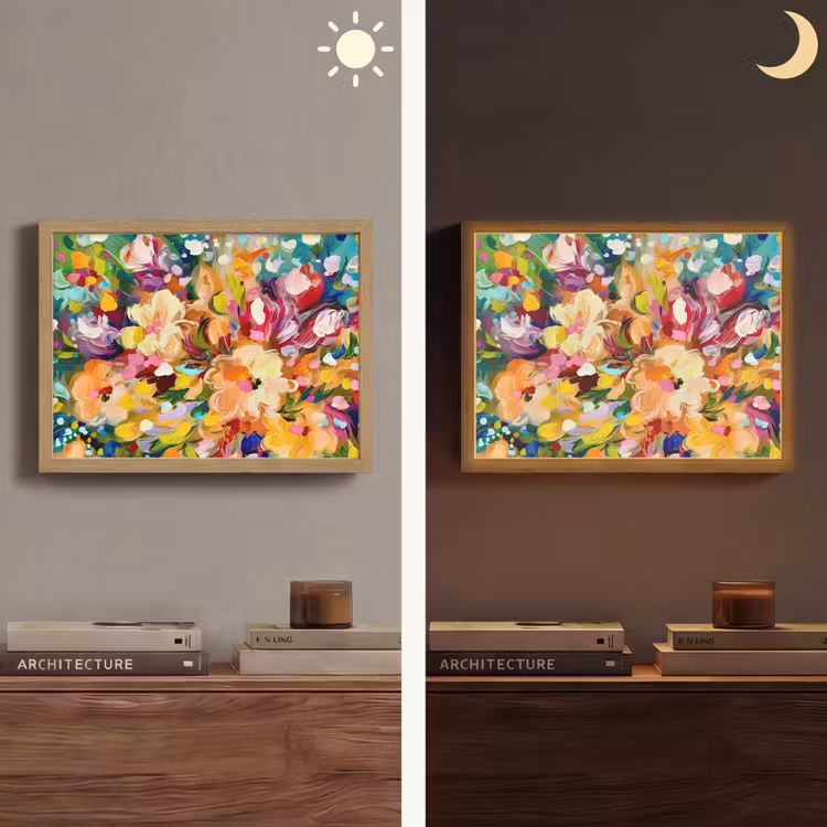 Schilderij - Olieverf - Bloemen - Regenboog Light Box met batterij (Wandlamp) middel -sfeer3