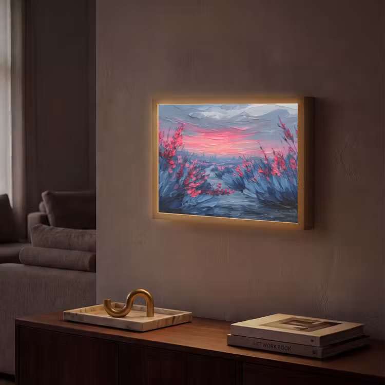 Schilderij - Zonsondergang - Bloemen - Rivier Light Box met batterij (Wandlamp) middel -sfeer1