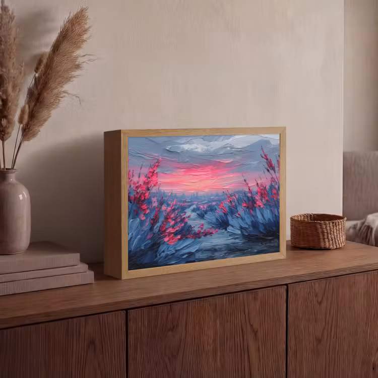 Schilderij - Zonsondergang - Bloemen - Rivier Light Box met batterij (Wandlamp) middel -sfeer2