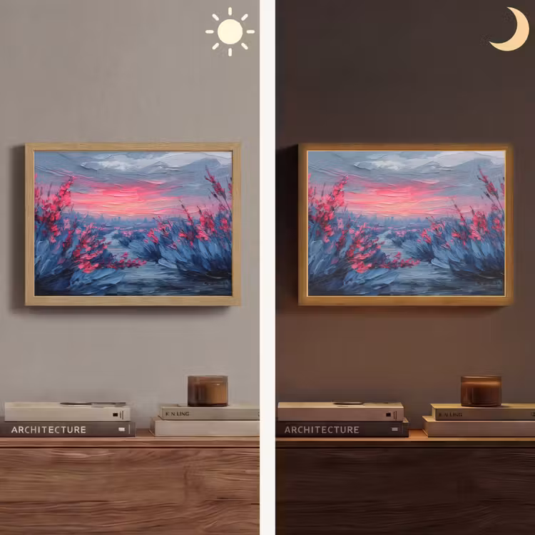 Schilderij - Zonsondergang - Bloemen - Rivier Light Box met batterij (Wandlamp) middel -sfeer3