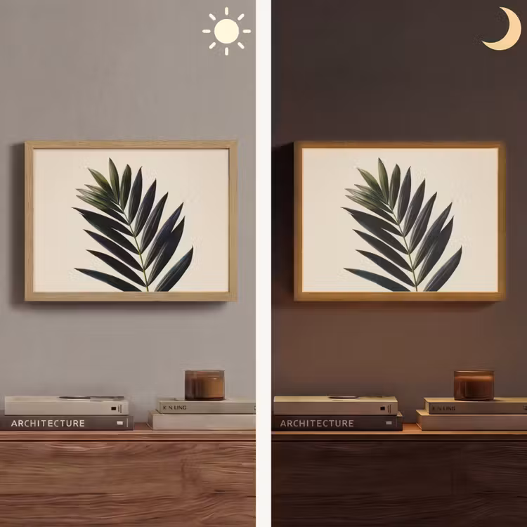 Palmblad - Donkere bladen - Subtiel Light Box met batterij (Wandlamp) middel -sfeer3