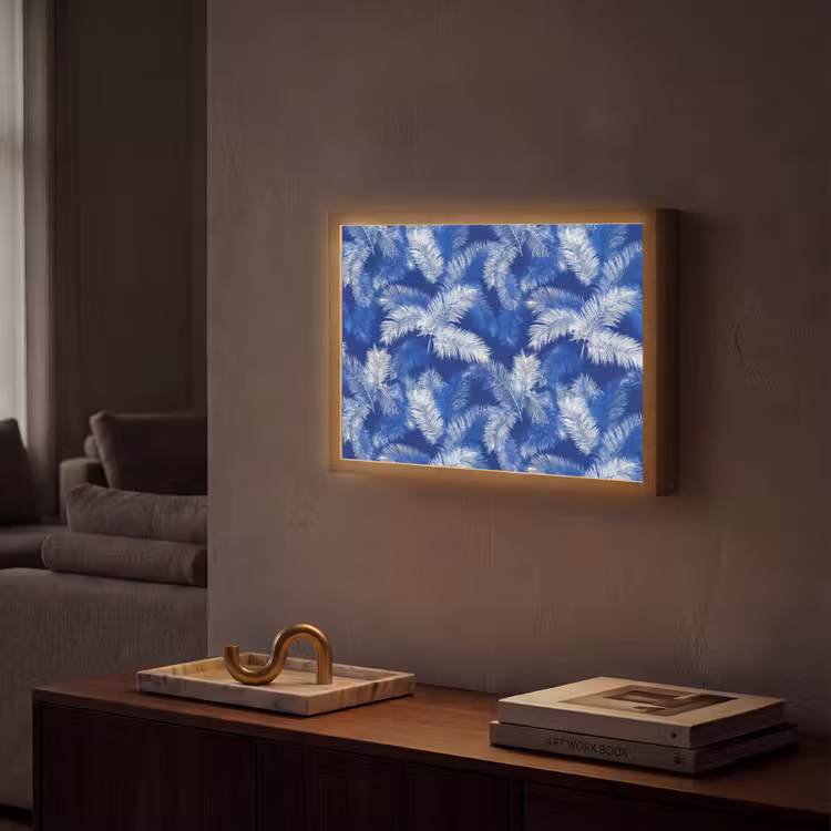 Palmblad - Patroon - Blauw Light Box met batterij (Wandlamp) middel 907 -sfeer1