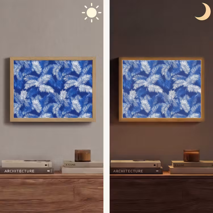 Palmblad - Patroon - Blauw Light Box met batterij (Wandlamp) middel 907 -sfeer3
