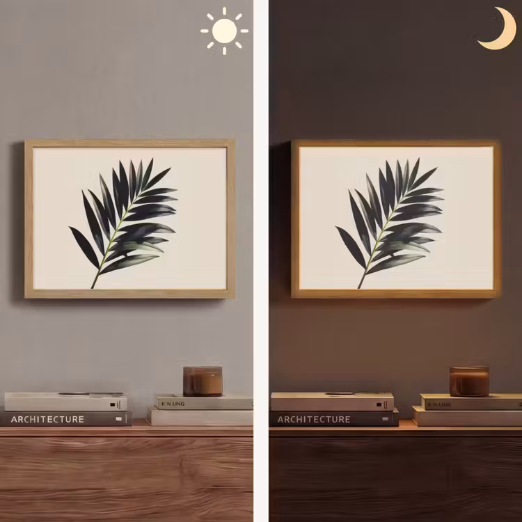 Palmblad - Subtiel - Groen - beige Light Box met batterij (Wandlamp) middel -sfeer3