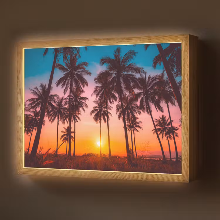 Palmboom - Zonsondergang - Horizon - Strand - Oranje - Roze Light Box met batterij (Wandlamp) middel -z3d_website