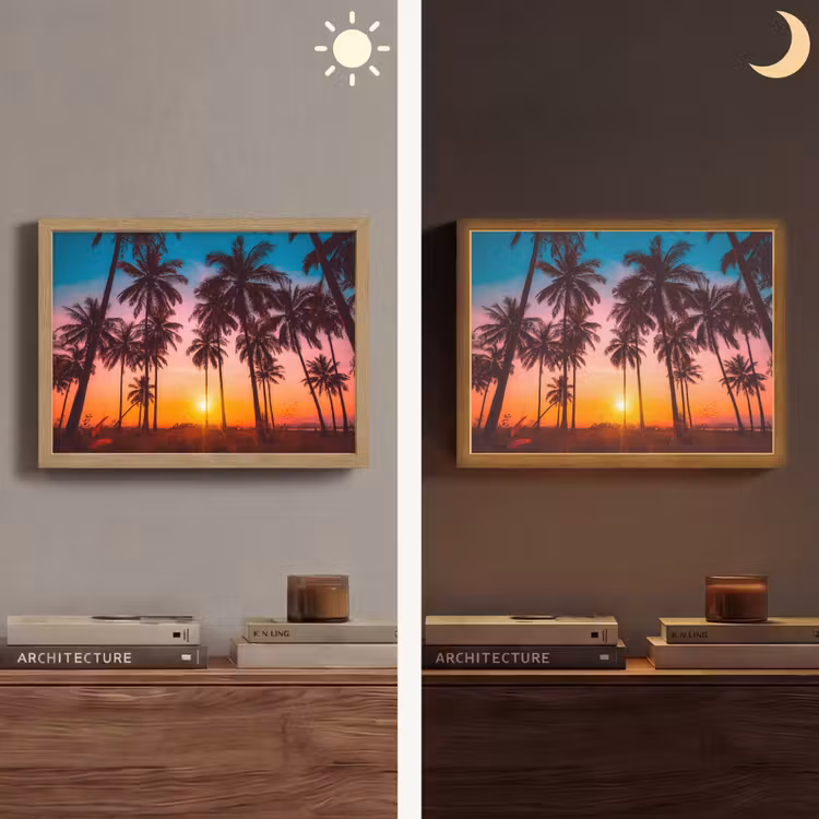 Palmboom - Zonsondergang - Horizon - Strand - Oranje - Roze Light Box met batterij (Wandlamp) middel -sfeer3