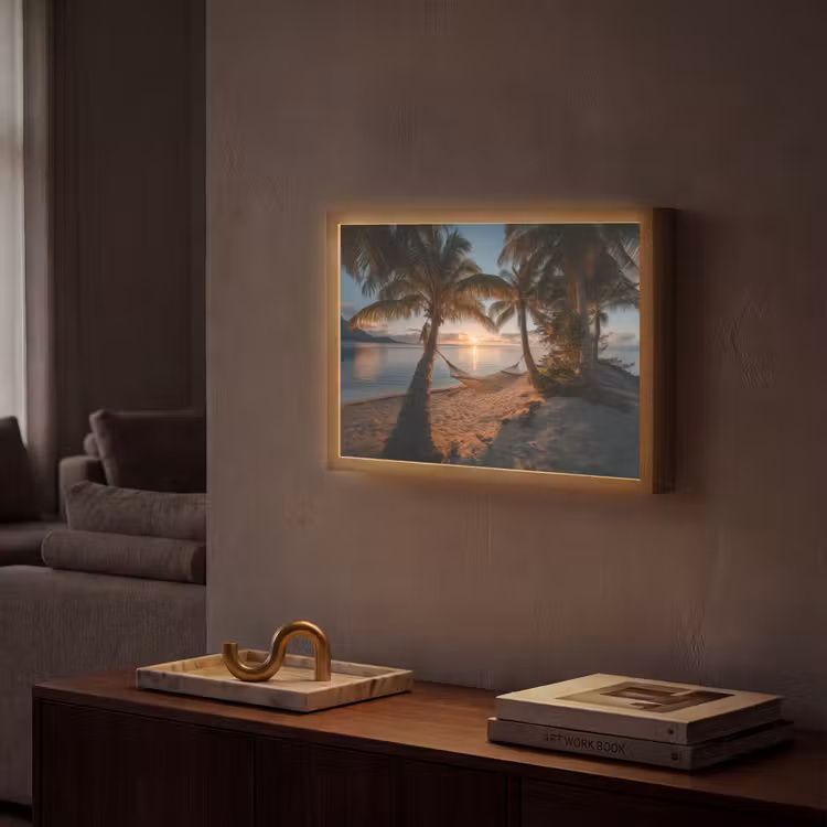 Palmbomen - Hangmat - Strand - Zonsondergang Light Box met batterij (Wandlamp) middel -sfeer1
