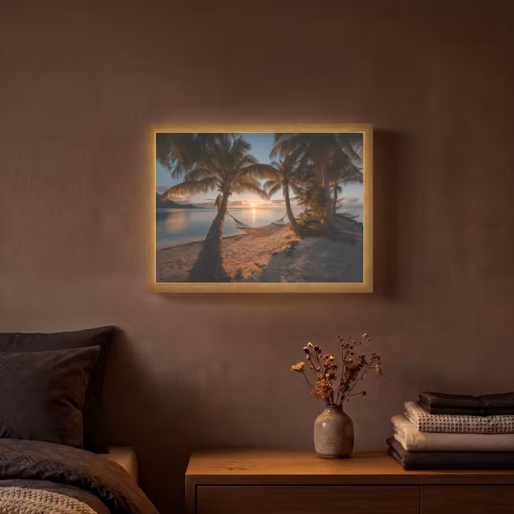 Palmbomen - Hangmat - Strand - Zonsondergang Light Box met batterij (Wandlamp) middel -sfeer4