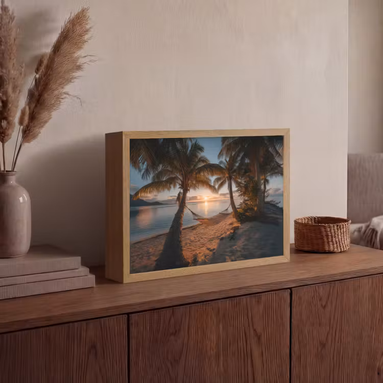 Palmbomen - Hangmat - Strand - Zonsondergang Light Box met batterij (Wandlamp) middel -sfeer2