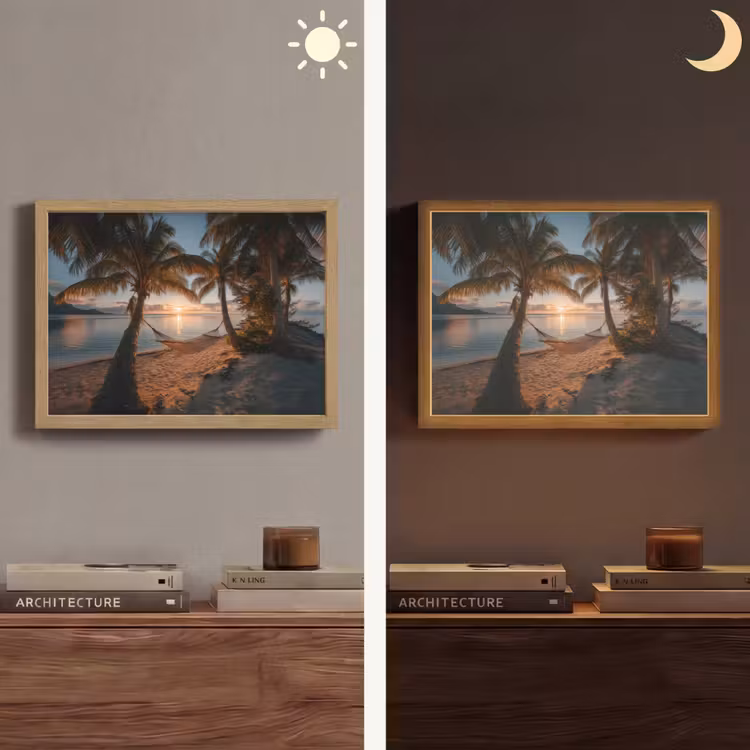 Palmbomen - Hangmat - Strand - Zonsondergang Light Box met batterij (Wandlamp) middel -sfeer3