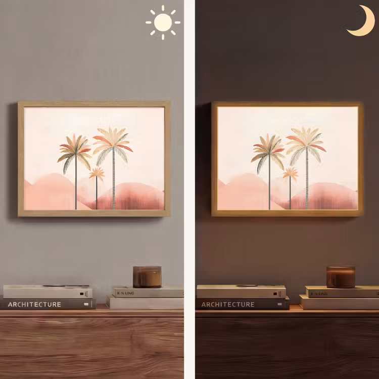Palmbomen - Heuvels - Minimalistisch - Zachtroze Light Box met batterij (Wandlamp) middel -sfeer3