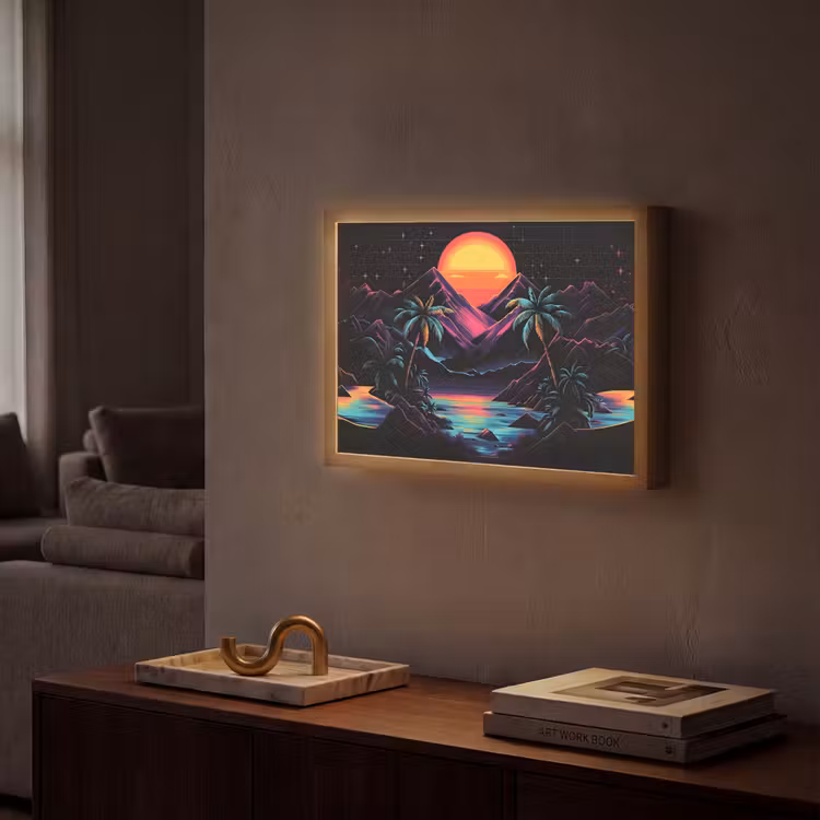 Palmbomen - Neonbergen - Sterrenhemel - Zon Light Box met batterij (Wandlamp) middel -sfeer1