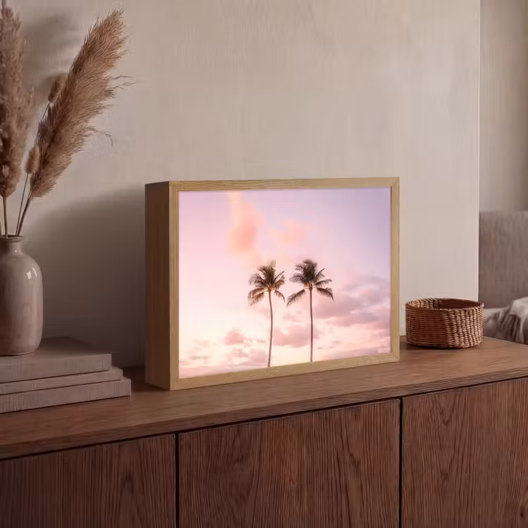 Palmbomen - Paars - Wolken - Lucht Light Box met batterij (Wandlamp) middel -sfeer2