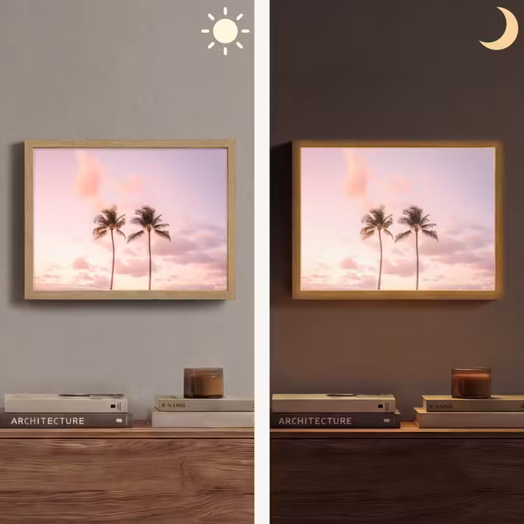 Palmbomen - Paars - Wolken - Lucht Light Box met batterij (Wandlamp) middel -sfeer3