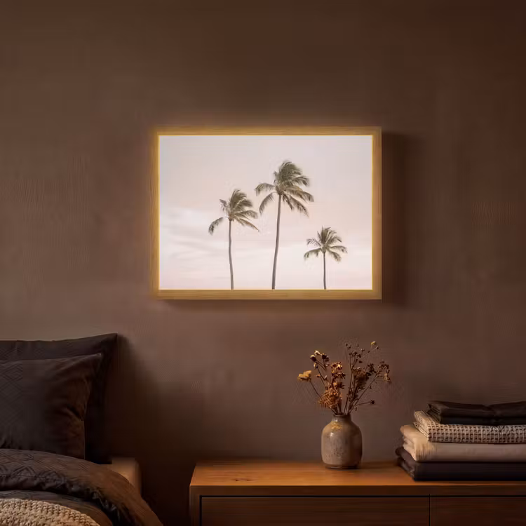 Palmbomen - Zonsondergang - Roze Light Box met batterij (Wandlamp) middel -sfeer4