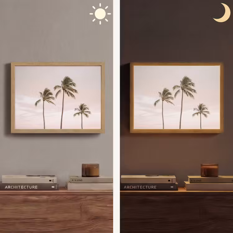 Palmbomen - Zonsondergang - Roze Light Box met batterij (Wandlamp) middel -sfeer3