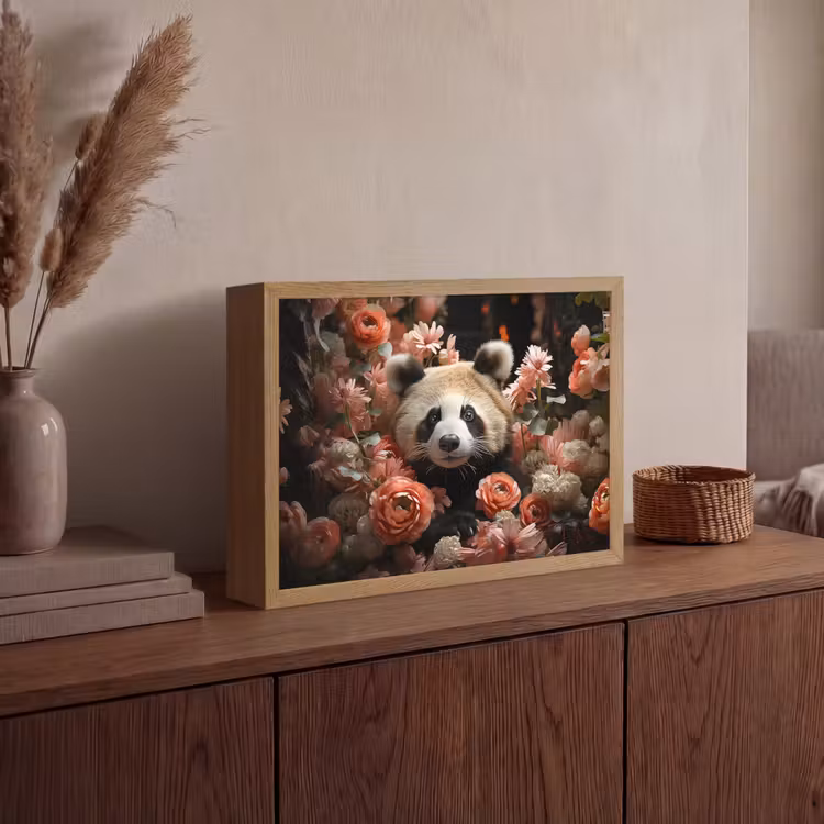 Panda - Dier - Bloemen - Natuur - Botanisch Light Box met batterij (Wandlamp) middel -sfeer2